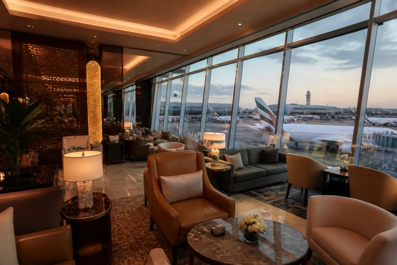 Dubai Terminal 3 Lounge interior showcasing luxury seating and dining area