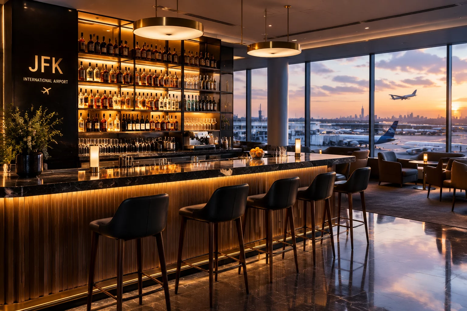 JFK International premium lounge with stylish contemporary furniture and city skyline motif