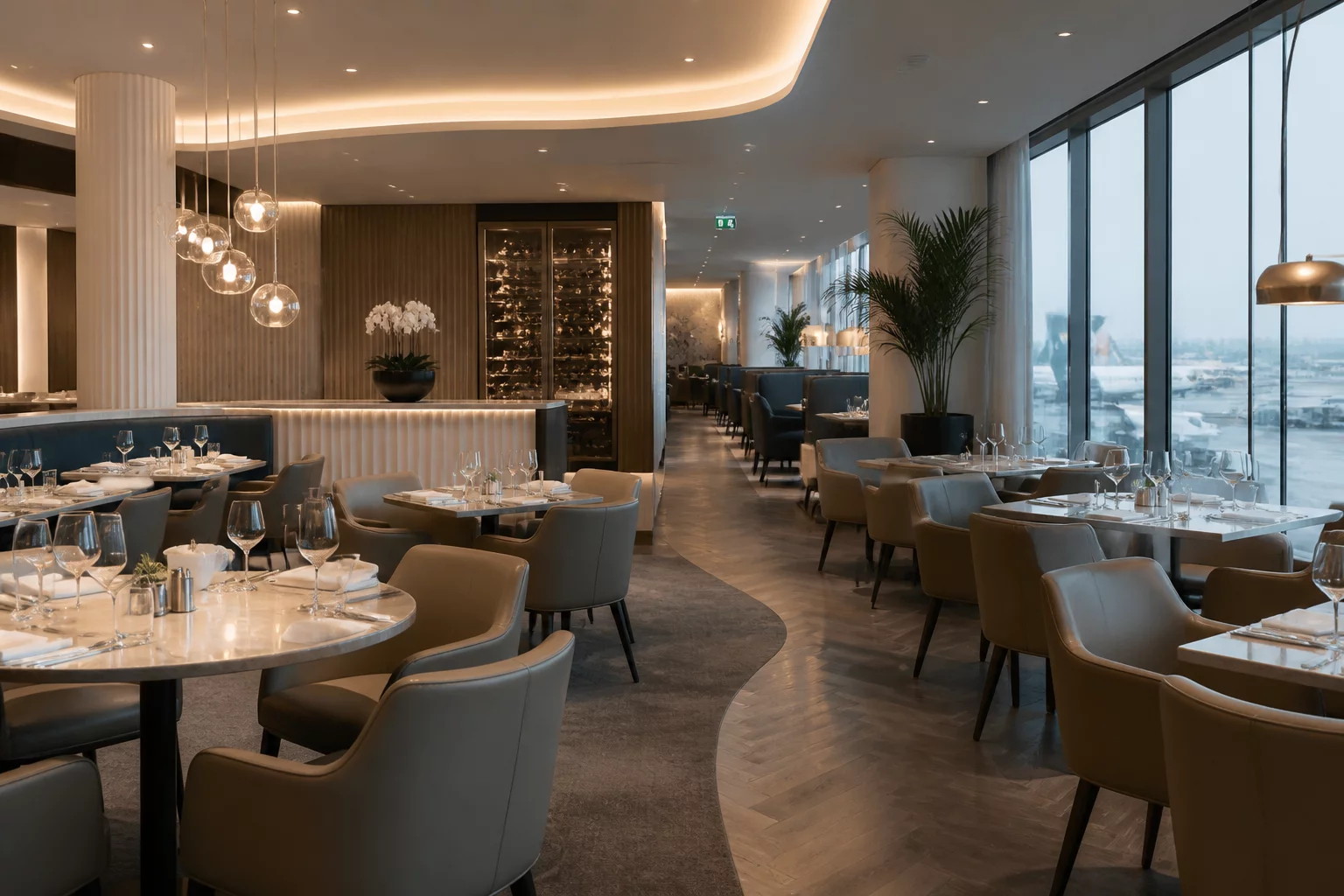 London Heathrow VIP business lounge seating arrangement with tarmac views
