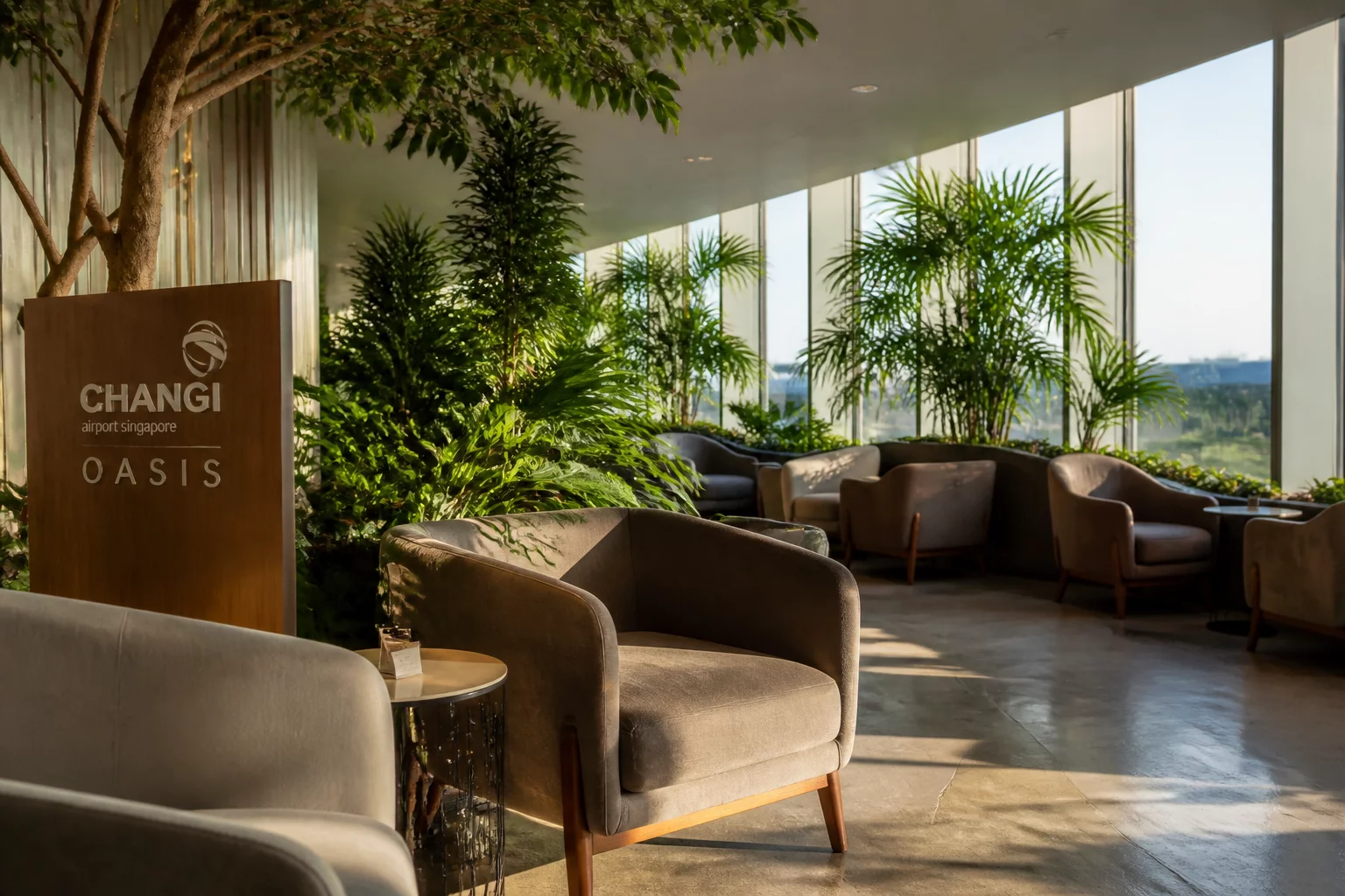 Singapore Changi Oasis modern lounge with botanical wall and premium amenities
